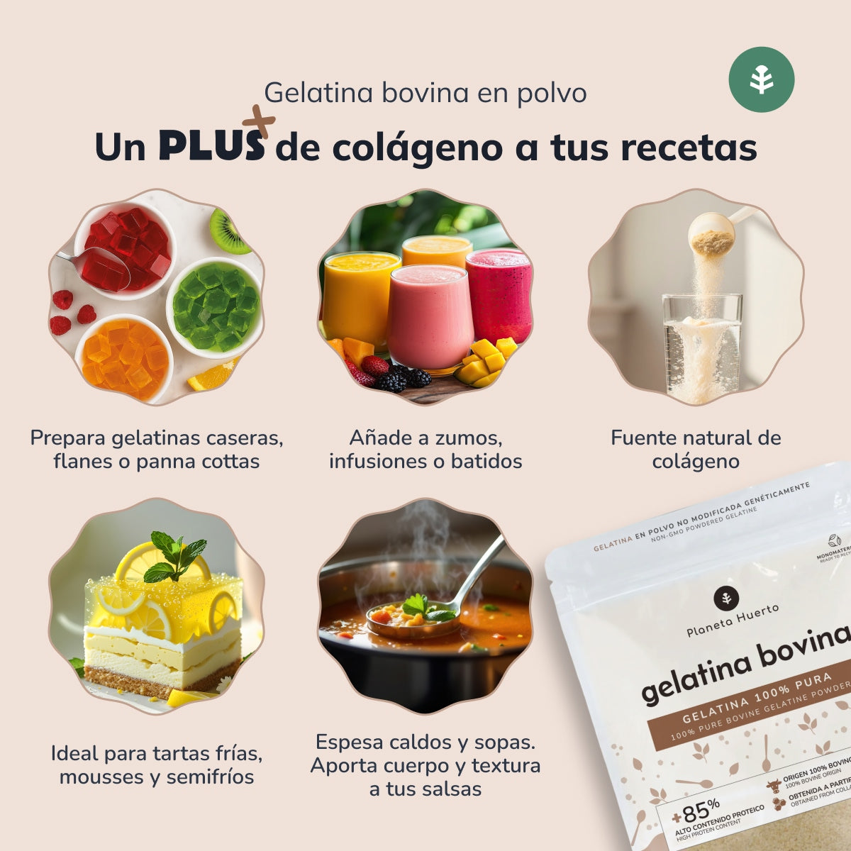 Gelatina Bovina neutra en polvo fuente de colágeno Planeta Huerto 1 Kg