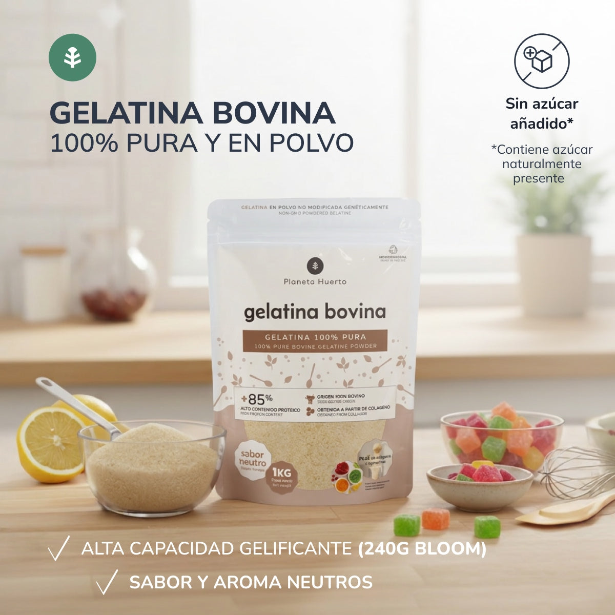 Gelatina Bovina neutra en polvo fuente de colágeno Planeta Huerto 1 Kg