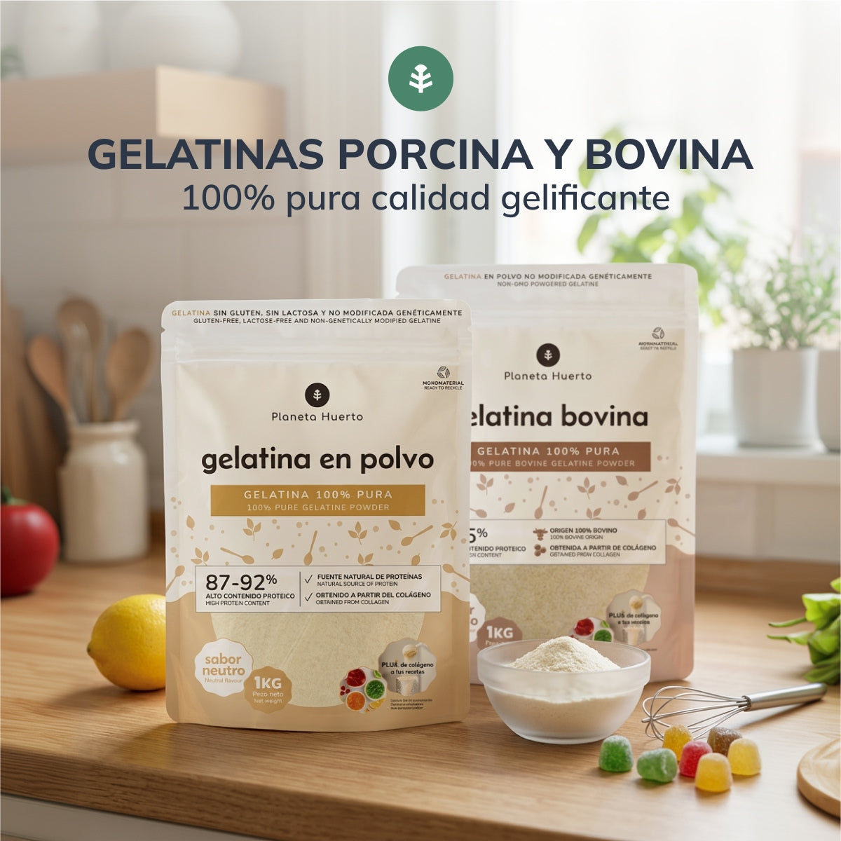 Gelatina Bovina neutra en polvo fuente de colágeno Planeta Huerto 1 Kg