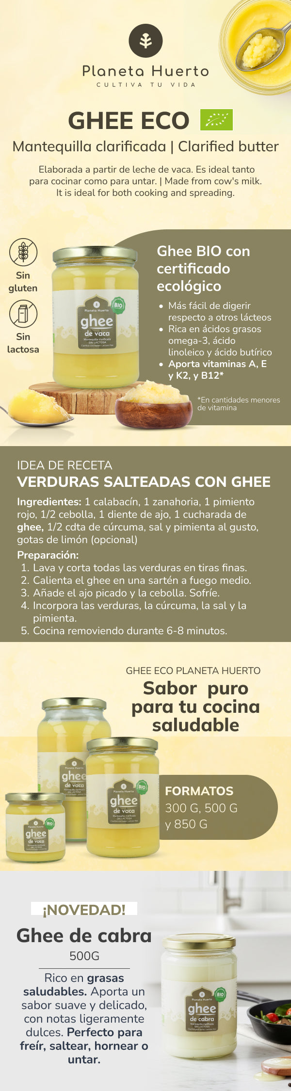 Ghee mantequilla clarificada ECO Planeta Huerto 500 g