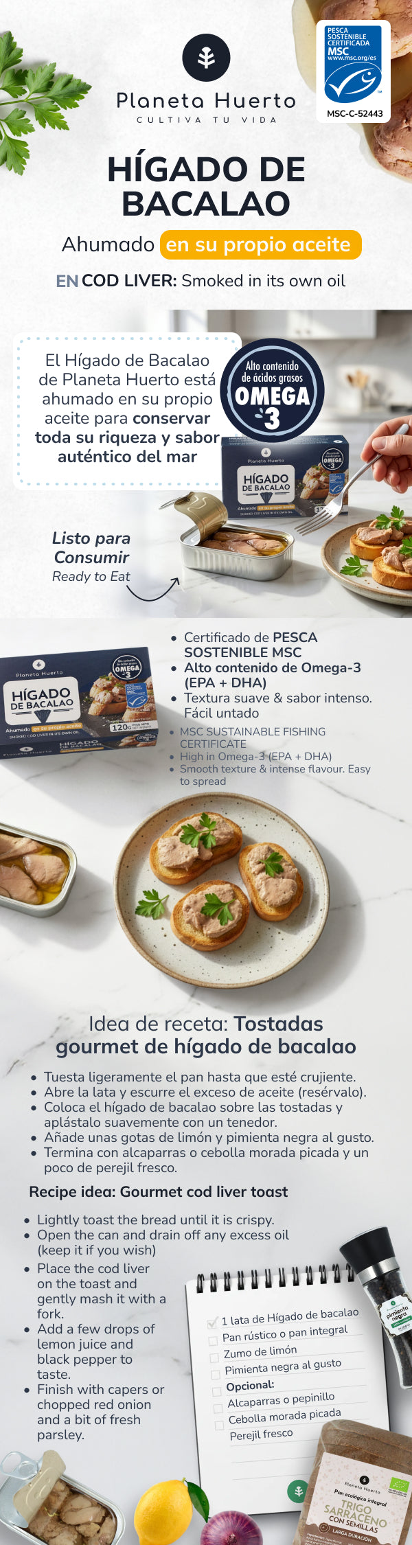 Hígado de bacalao en su propio aceite MSC pesca sostenible Planeta Huerto 120 g