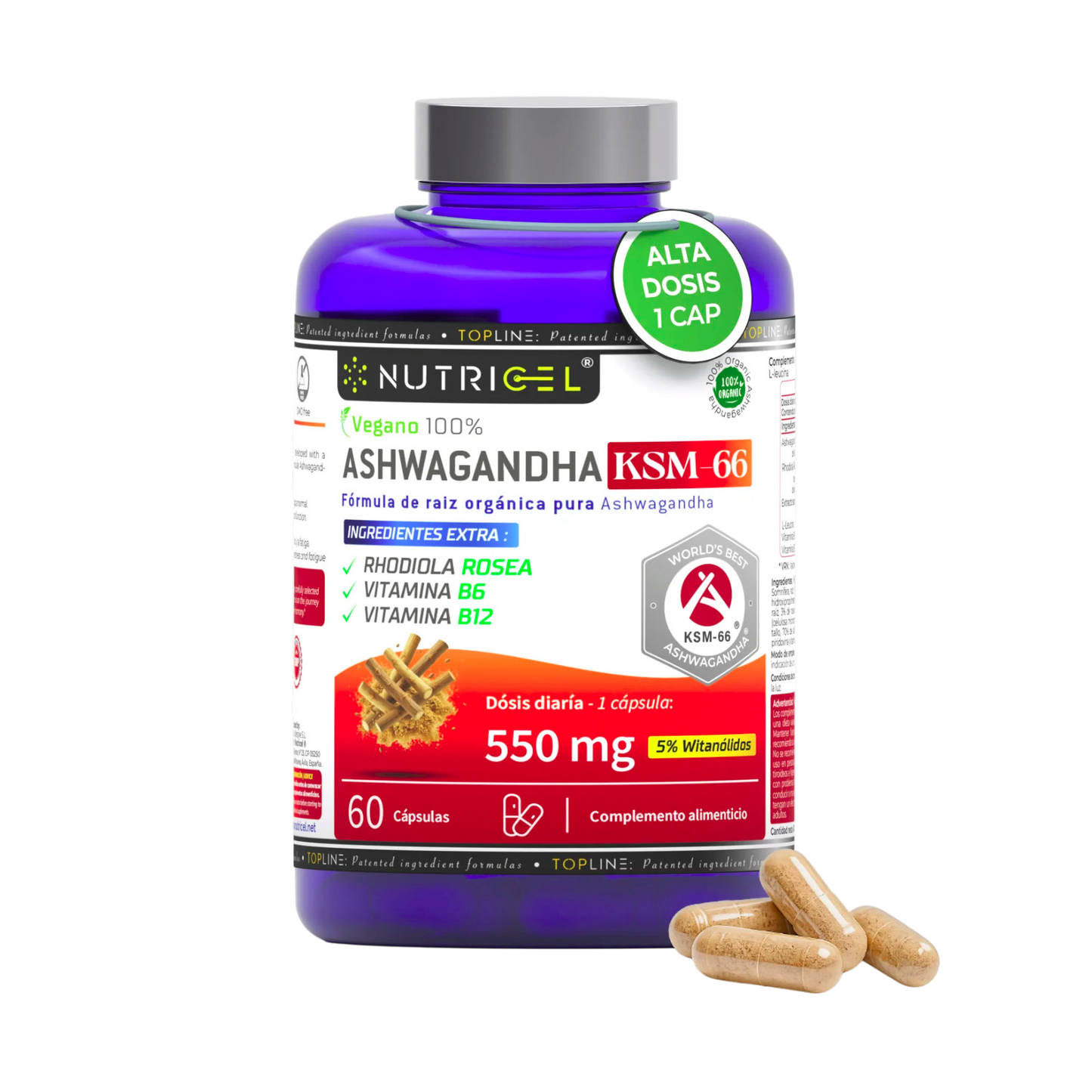 Ashwagandha KSM-66® 550mg 5% Witanólidos + Rhodiola Nutricel 60 cápsulas