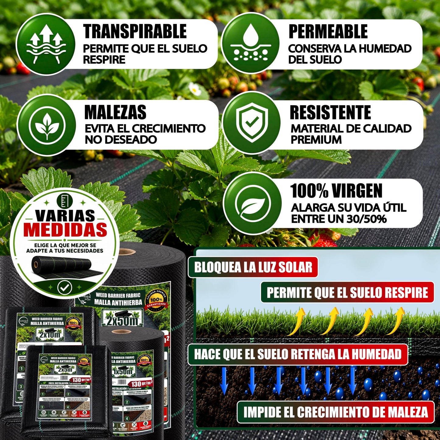 GREEN GOF Malla Antihierbas Premium 2x10m, 130g/m² - Ultra Resistente. Alta Estabilización Uv, Permeable Y Transpirable._2