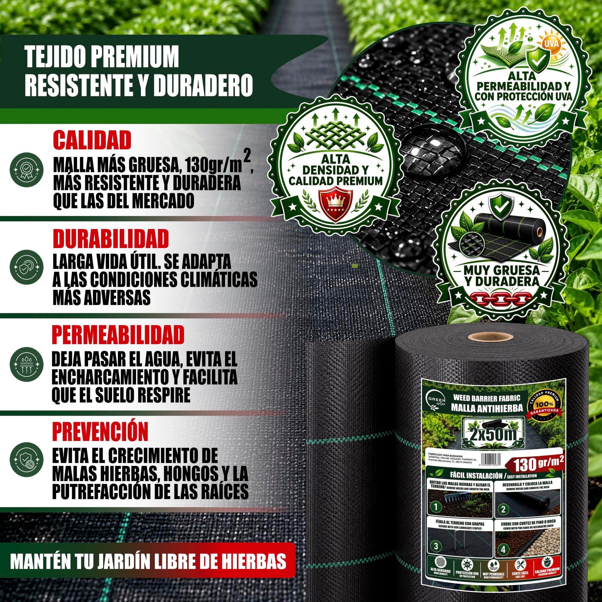 GREEN GOF Malla Antihierbas Premium 2x50m, 130g/m² - Ultra Resistente. Alta Estabilización Uv, Permeable Y Transpirable._1