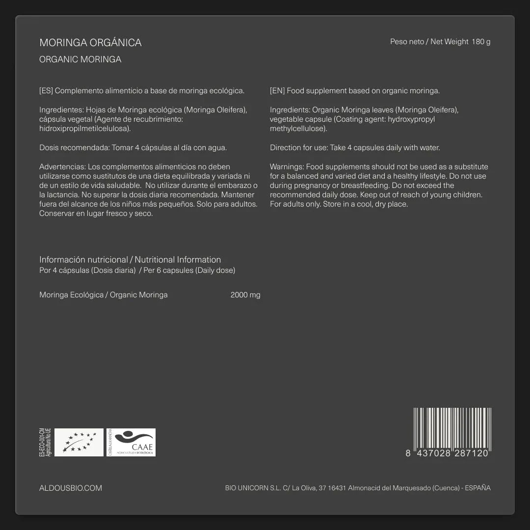 Etiquetado Moringa Bio 2000 mg 300 Cápsulas Aldous Bio