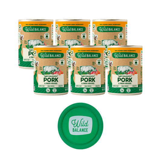 Pack 6x Cerdo y verduras BARF para perros 400 g + Regalos: Tapa reutilizable para latas, Wild Balance