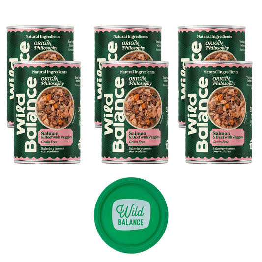 Pack 6x Salmón y Ternera barf para perros 400 g + Regalo: Tapa reutilizable para latas, Wild Balance