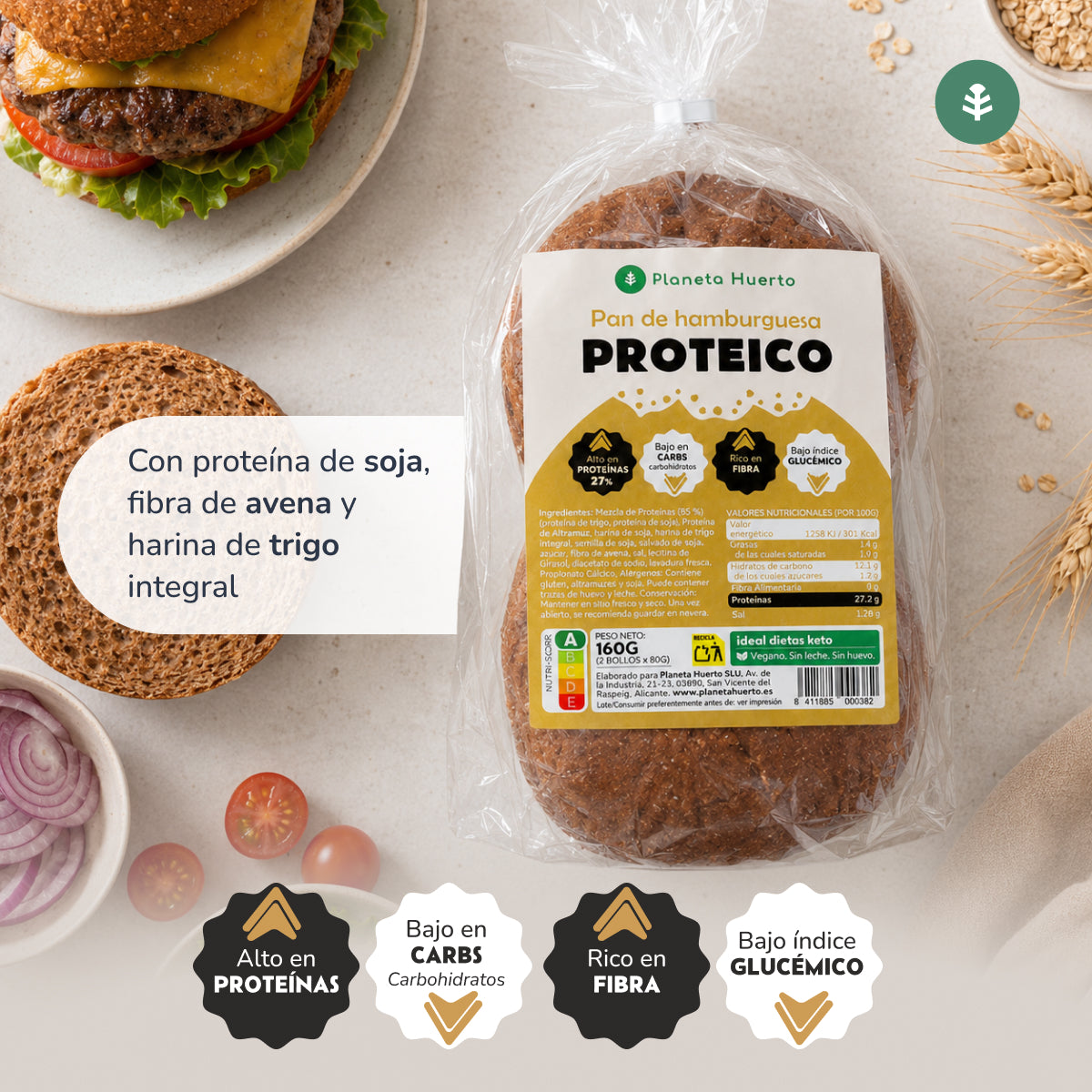 Pan de hamburguesa proteico Planeta Huerto, 2 x 80 gr