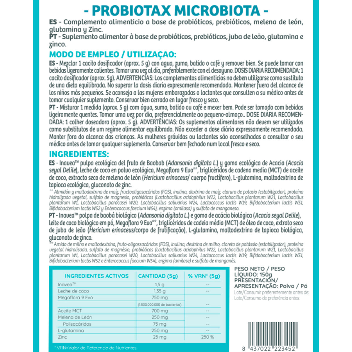 Probiotax Microbiota con probióticos y prebióticos WeBotanix 150 g