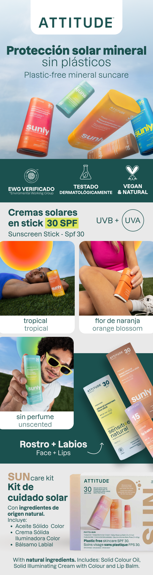 Oceanly - Crema facial con protección solar PHYTO-SUN - Con color y brillo - SPF 30, Attitude, 30 g