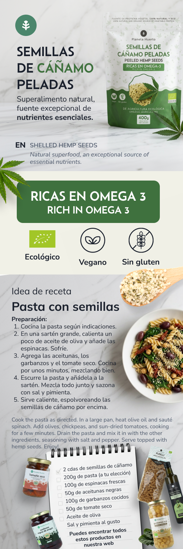 Semillas de cáñamo pelado ECO Planeta Huerto 400 g